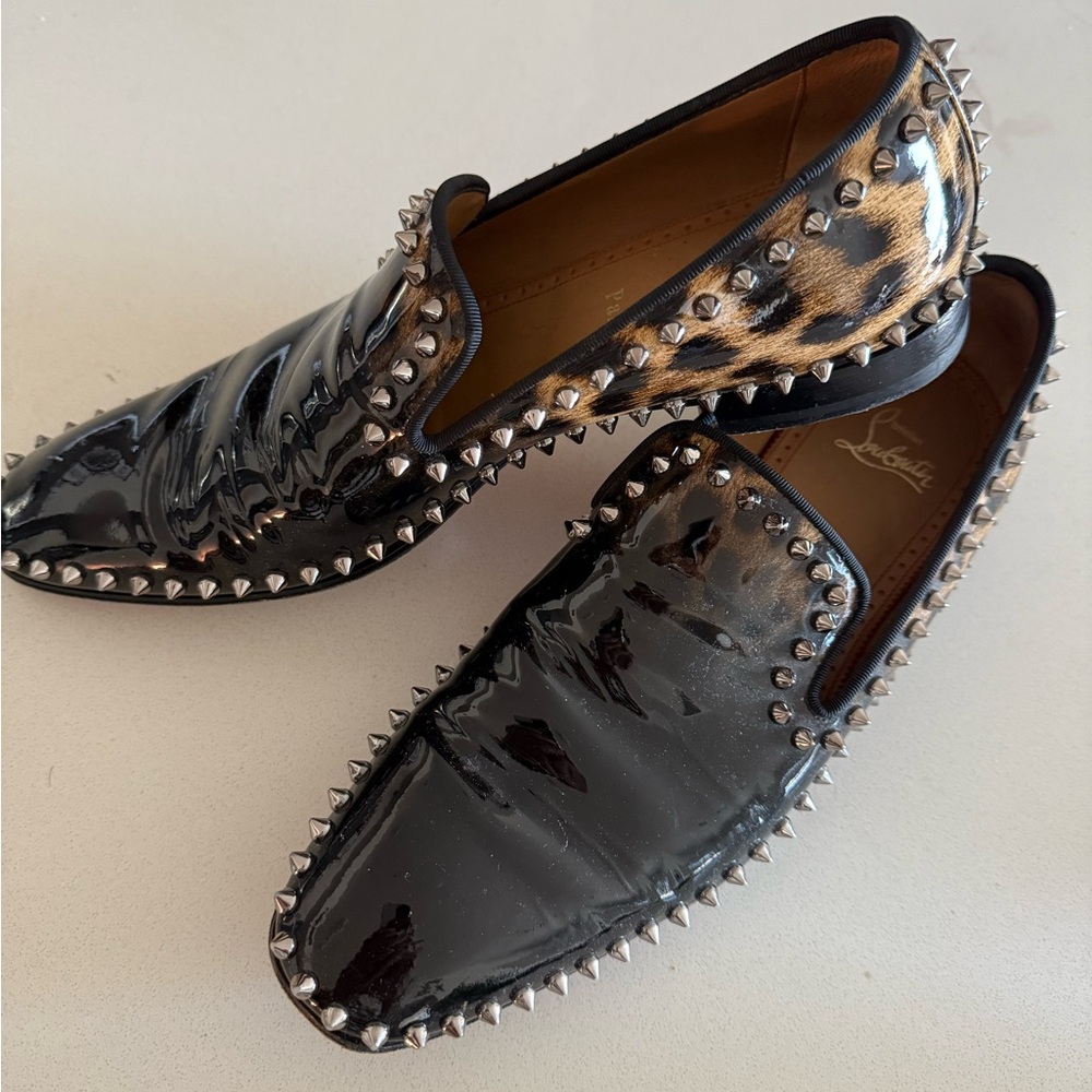 Christian Louboutin Black and Brown Patent Leather Studded Loafers